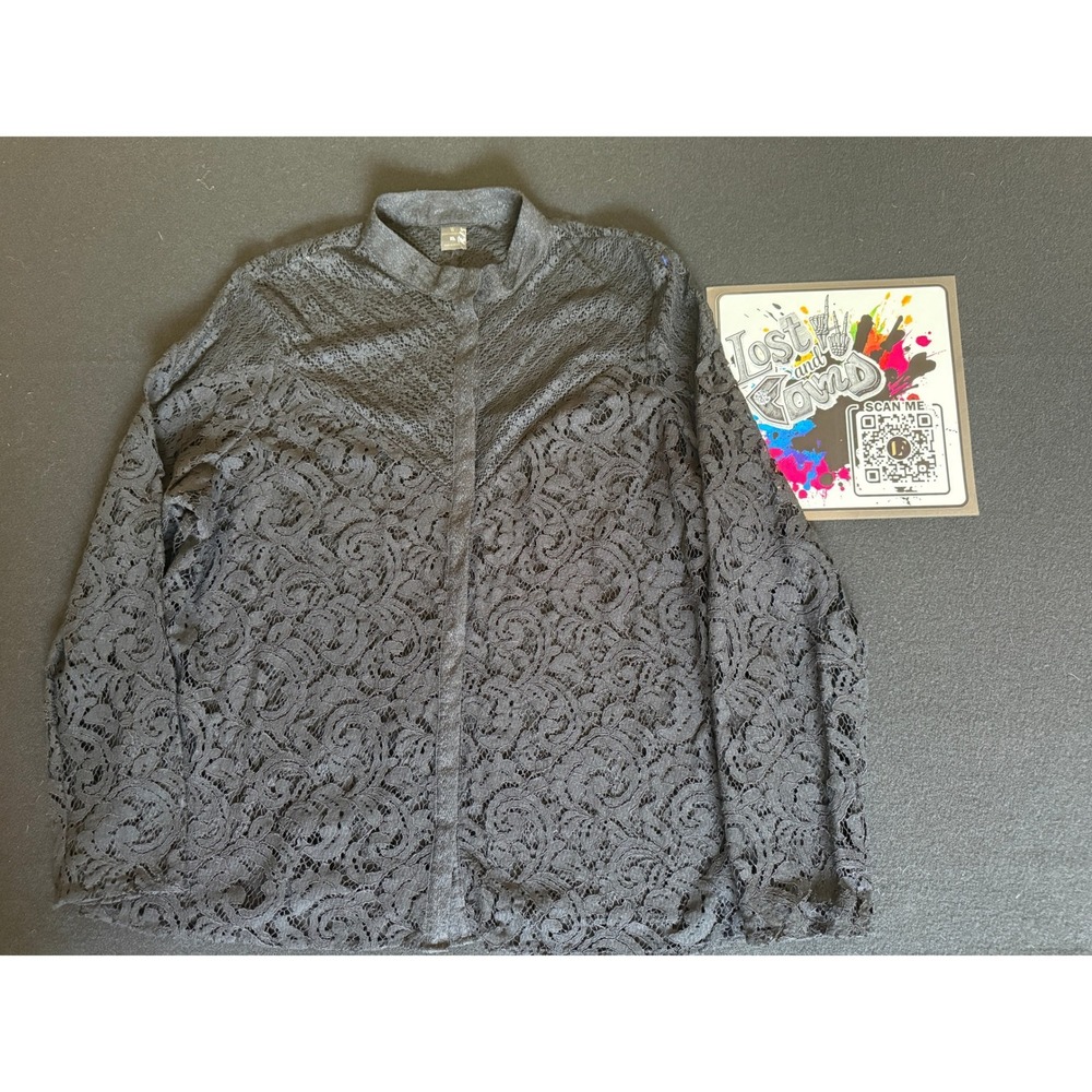 Worthington Lace Blouse Womens XL Black Excellent Sheer High Neck Button Front